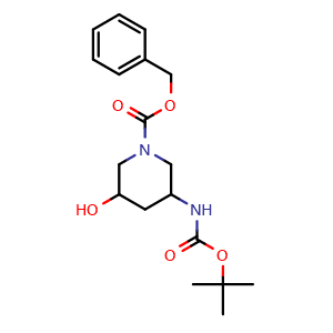 Chemical structure of benzyl 3-((tert-butoxycarbonyl)amino)-5-hydroxypiperidine-1-carboxylate , CAS 1785642-46-7, AChemBlock L13303