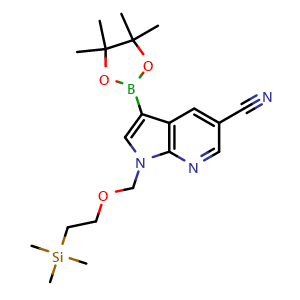 Chemical structure of 3-(Tetramethyl-1,3,2-dioxaborolan-2-yl)-1-{[2-(trimethylsilyl)ethoxy]methyl}-1H-pyrrolo[2,3-b]pyridine-5-carbonitrile , CAS 1429906-71-7, AChemBlock L13326