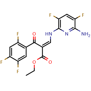 Chemical structure of ethyl (E)-3-((6-amino-3,5-difluoropyridin-2-yl)amino)-2-(2,4,5-trifluorobenzoyl)acrylate , CAS 875712-88-2, AChemBlock L13390