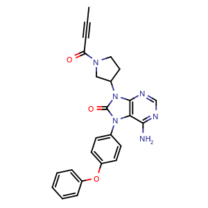 Chemical structure of 6-amino-9-(1-(but-2-ynoyl)pyrrolidin-3-yl)-7-(4-phenoxyphenyl)-7,9-dihydro-8H-purin-8-one , CAS 1351636-25-3, AChemBlock L13414