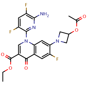 Chemical structure of 7-(3-Acetoxy-azetidin-1-yl)-1-(6-amino-3,5-difluoro-pyridin-2-yl)-6-fluoro-4-oxo-1,4-dihydro-quinoline-3-carboxylic acid ethyl ester , CAS 1788054-85-2, AChemBlock L13415