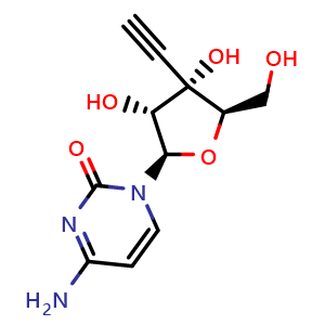 Chemical structure of 4-amino-1-((2R,3R,4S,5R)-4-ethynyl-3,4-dihydroxy-5-(hydroxymethyl)tetrahydrofuran-2-yl)pyrimidin-2(1H)-one , CAS 180300-43-0, AChemBlock L13480
