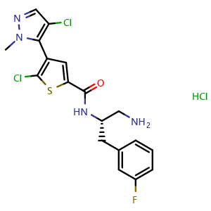Chemical structure of (S)-N-(1-amino-3-(3-fluorophenyl)propan-2-yl)-5-chloro-4-(4-chloro-1-methyl-1H-pyrazol-5-yl)thiophene-2-carboxamide hydrochloride , CAS 1047645-82-8, AChemBlock L13491