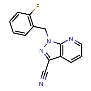 Chemical structure of 1-[(2-Fluorophenyl)methyl]-1H-pyrazolo[3,4-b]pyridine-3-carbonitrile , CAS 256376-65-5, AChemBlock L13501