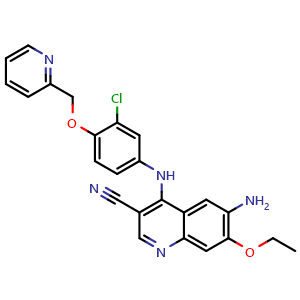 Chemical structure of 6-Amino-4-{[3-chloro-4-(pyridin-2-ylmethoxy)phenyl]amino}-7-ethoxyquinoline-3-carbonitrile , CAS 848139-78-6, AChemBlock L13613