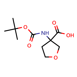 Chemical structure of 3-{[(tert-Butoxy)carbonyl]amino}oxolane-3-carboxylic acid , CAS 869785-31-9, AChemBlock L13671