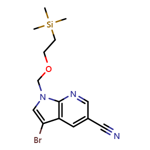 Chemical structure of 3-Bromo-1-{[2-(trimethylsilyl)ethoxy]methyl}-1H-pyrrolo[2,3-b]pyridine-5-carbonitrile , CAS 1788041-63-3, AChemBlock L13740
