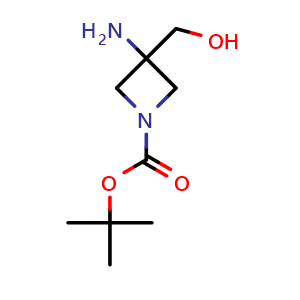 Chemical structure of tert-Butyl 3-amino-3-(hydroxymethyl)azetidine-1-carboxylate , CAS 1262411-27-7, AChemBlock L13850