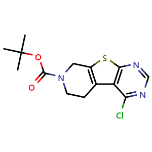 Chemical structure of tert-butyl 4-chloro-5,8-dihydropyrido[4',3':4,5]thieno[2,3-d]pyrimidine-7(6H)-carboxylate , CAS 946198-89-6, AChemBlock L13994