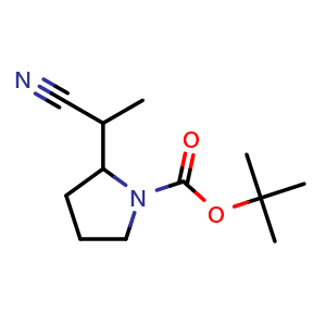 Chemical structure of tert-Butyl 2-(1-cyanoethyl)pyrrolidine-1-carboxylate , CAS 1781740-66-6, AChemBlock L14245