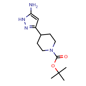 Chemical structure of 4-(5-Amino-1H-pyrazol-3-yl)-piperidine-1-carboxylicacid tert-butyl ester , CAS 1169563-99-8, AChemBlock L14264