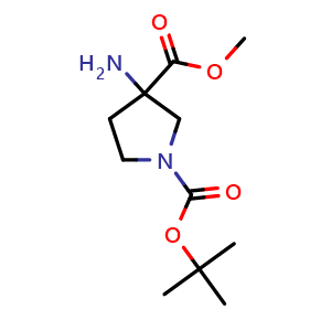 Chemical structure of 1-Tert-butyl 3-methyl 3-aminopyrrolidine-1,3-dicarboxylate , CAS 942190-47-8, AChemBlock L14366