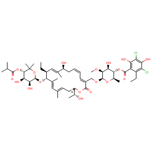 Chemical structure of Fidaxomicin , CAS 873857-62-6, AChemBlock L14652