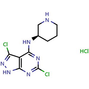 Chemical structure of (3R)-N-{3,6-dichloro-1H-pyrazolo[3,4-d]pyrimidin-4-yl}piperidin-3-amine hydrochloride , CAS 2007916-10-9, AChemBlock L14655