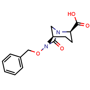 Chemical structure of (2R,5R)-6-(benzyloxy)-7-oxo-1,6-diazabicyclo[3.2.1]octane-2-carboxylic acid , CAS 2064219-13-0, AChemBlock L14668