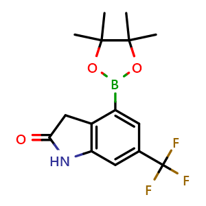 Chemical structure of 4-(4,4,5,5-tetramethyl-1,3,2-dioxaborolan-2-yl)-6-(trifluoromethyl)-2,3-dihydro-1H-indol-2-one , CAS 2304635-22-9, AChemBlock L14699