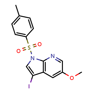 Chemical structure of 3-iodo-5-methoxy-1-(4-methylbenzenesulfonyl)-1H-pyrrolo[2,3-b]pyridine , CAS 945256-30-4, AChemBlock L14706