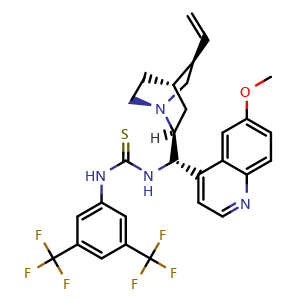 Chemical structure of 1-[3,5-bis(trifluoromethyl)phenyl]-3-[(S)-[(1S,2S,4S,5R)-5-ethenyl-1-azabicyclo[2.2.2]octan-2-yl](6-methoxyquinolin-4-yl)methyl]thiourea , CAS 852913-16-7, AChemBlock L14770
