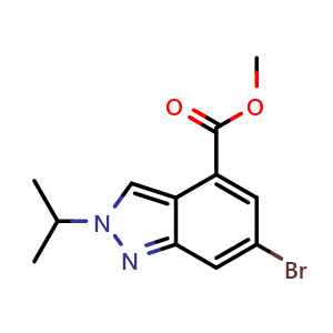 Chemical structure of methyl 6-bromo-2-(propan-2-yl)-2H-indazole-4-carboxylate , CAS 1346702-53-1, AChemBlock L14782