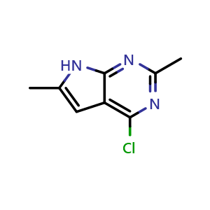 Chemical structure of 4-chloro-2,6-dimethyl-7H-pyrrolo[2,3-d]pyrimidine , CAS 1638764-22-3, AChemBlock L14871