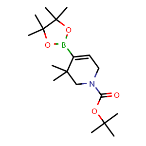 Chemical structure oftert-butyl 3,3-dimethyl-4-(tetramethyl-1,3,2-dioxaborolan-2-yl)-1,2,3,6-tetrahydropyridine-1-carboxylate, CAS 1228962-22-8, AChemBlock L14899