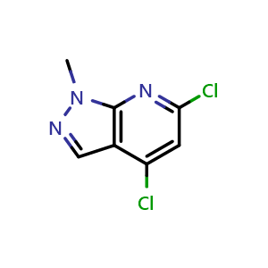 Chemical structure of 4,6-dichloro-1-methyl-1H-pyrazolo[3,4-b]pyridine , CAS 1227089-74-8, AChemBlock L14929
