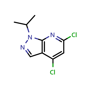 Chemical structure of 4,6-dichloro-1-isopropyl-1H-pyrazolo[3,4-b]pyridine , CAS 1628459-82-4, AChemBlock L14930