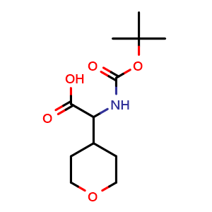 Chemical structure of 2-((tert-butoxycarbonyl)amino)-2-(tetrahydro-2h-pyran-4-yl)acetic acid , CAS 182287-49-6, AChemBlock L14941