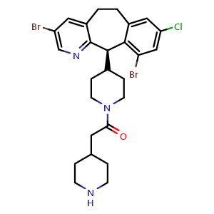 Chemical structure of 1-{4-[(2R)-6,15-dibromo-13-chloro-4-azatricyclo[9.4.0.0]pentadeca-1(15),3,5,7,11,13-hexaen-2-yl]piperidin-1-yl}-2-(piperidin-4-yl)ethan-1-one , CAS 193276-77-6, AChemBlock L18009