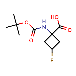 Chemical structure of 1-{[(tert-butoxy)carbonyl]amino}-3-fluorocyclobutane-1-carboxylic acid , CAS 1363381-27-4, AChemBlock L18109