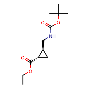Chemical structure of ethyl (1r,2r)-rel-2-(boc-aminomethyl)cyclopropanecarboxylate , CAS 946598-53-4, AChemBlock L18154