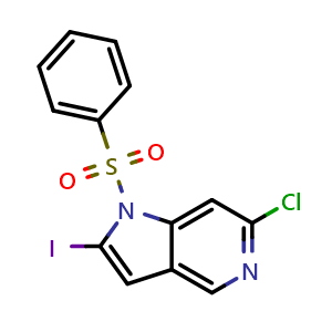 Chemical structure of 1-(benzenesulfonyl)-6-chloro-2-iodo-1H-pyrrolo[3,2-c]pyridine , CAS 1227267-17-5, AChemBlock L18160