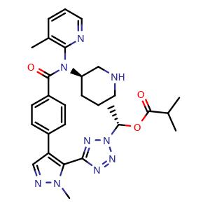 Chemical structure of (1S)-1-[5-(1-methyl-4-{4-[(3-methylpyridin-2-yl)[(3R)-piperidin-3-yl]carbamoyl]phenyl}-1H-pyrazol-5-yl)-2H-1,2,3,4-tetrazol-2-yl]ethyl 2-methylpropanoate , CAS 1632250-94-2, AChemBlock L18201