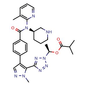 Chemical structure of (1R)-1-[5-(1-methyl-4-{4-[(3-methylpyridin-2-yl)[(3R)-piperidin-3-yl]carbamoyl]phenyl}-1H-pyrazol-5-yl)-2H-1,2,3,4-tetrazol-2-yl]ethyl 2-methylpropanoate , CAS 1632250-93-1, AChemBlock L18202