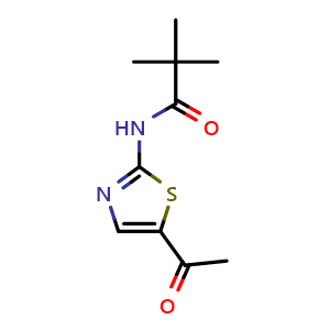 Chemical structure of N-(5-acetyl-1,3-thiazol-2-yl)-2,2-dimethylpropanamide , CAS 1067637-89-1, AChemBlock L18221