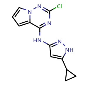 Chemical structure of N-{2-chloropyrrolo[2,1-f][1,2,4]triazin-4-yl}-5-cyclopropyl-1H-pyrazol-3-amine , CAS 918538-08-6, AChemBlock L18236