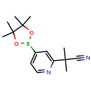 Chemical structure of 2-methyl-2-[4-(tetramethyl-1,3,2-dioxaborolan-2-yl)pyridin-2-yl]propanenitrile , CAS 1402390-59-3, AChemBlock L18240
