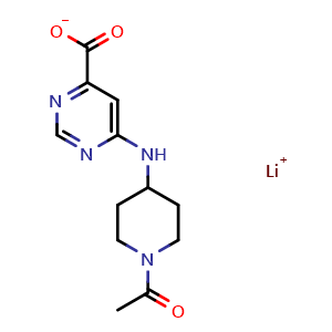 Chemical structure of 6-[(1-acetylpiperidin-4-yl)amino]pyrimidine-4-carboxylic acid lithium salt , CAS 2007909-54-6, AChemBlock L18242
