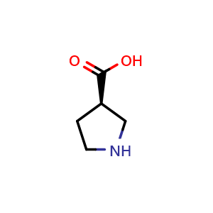 Chemical structure of (3R)-pyrrolidine-3-carboxylic acid , CAS 72580-54-2, AChemBlock L18435