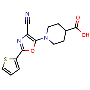 Chemical structure of 1-[4-Cyano-2-(2-thienyl)-1,3-oxazol-5-yl]piperidine-4-carboxylic acid , CAS 1105195-76-3, AChemBlock L18539