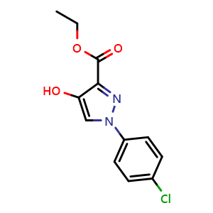 Chemical structure of 1-(4-Chloro-phenyl)-4-hydroxy-1H-pyrazole-3-carboxylic acid ethyl ester , CAS 26502-56-7, AChemBlock L18543