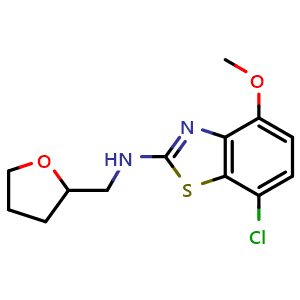 Chemical structure of 7-chloro-4-methoxy-N-(tetrahydrofuran-2-ylmethyl)-1,3-benzothiazol-2-amine , CAS 1105194-65-7, AChemBlock L18595