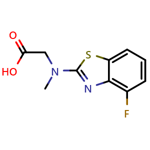 Chemical structure of N-(4-fluoro-1,3-benzothiazol-2-yl)-N-methylglycine , CAS 1351623-35-2, AChemBlock L18616