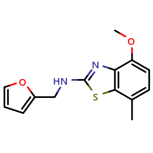 Chemical structure of N-(2-furylmethyl)-4-methoxy-7-methyl-1,3-benzothiazol-2-amine , CAS 1350989-14-8, AChemBlock L18686