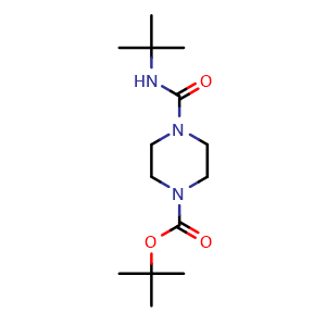 Chemical structure of tert-butyl 4-(tert-butylcarbamoyl)piperazine-1-carboxylate , CAS 253175-40-5, AChemBlock L18708