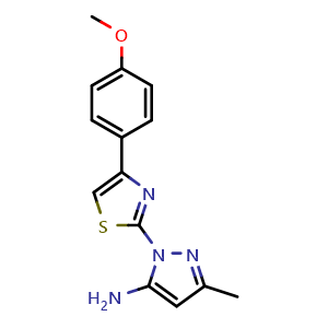 Chemical structure of 1-[4-(4-methoxyphenyl)-1,3-thiazol-2-yl]-3-methyl-1H-pyrazol-5-amine , CAS 1171036-79-5, AChemBlock L18756