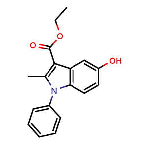 Chemical structure of ethyl 5-hydroxy-2-methyl-1-phenyl-1H-indole-3-carboxylate , CAS 5564-29-4, AChemBlock L18758