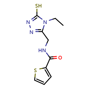 Chemical structure of N-[(4-ethyl-5-mercapto-4H-1,2,4-triazol-3-yl)methyl]thiophene-2-carboxamide , CAS 724740-42-5, AChemBlock L18808