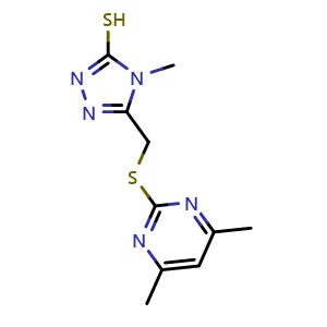Chemical structure of 5-{[(4,6-dimethylpyrimidin-2-yl)thio]methyl}-4-methyl-4{H}-1,2,4-triazole-3-thiol , CAS 637321-25-6, AChemBlock L18964