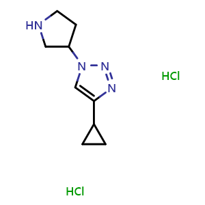 Chemical structure of 4-cyclopropyl-1-(pyrrolidin-3-yl)-1H-1,2,3-triazole dihydrochloride , CAS 2031269-60-8, AChemBlock L19019